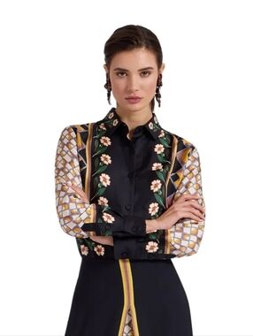 La Double J Dazed Placée Black Floral Silk Blouse Boy Style Button Up Shirt